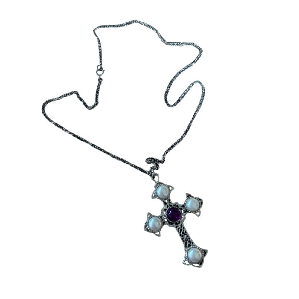 Vintage Sarah Coventry Silver Tone Crusader Cross Gothic Necklace